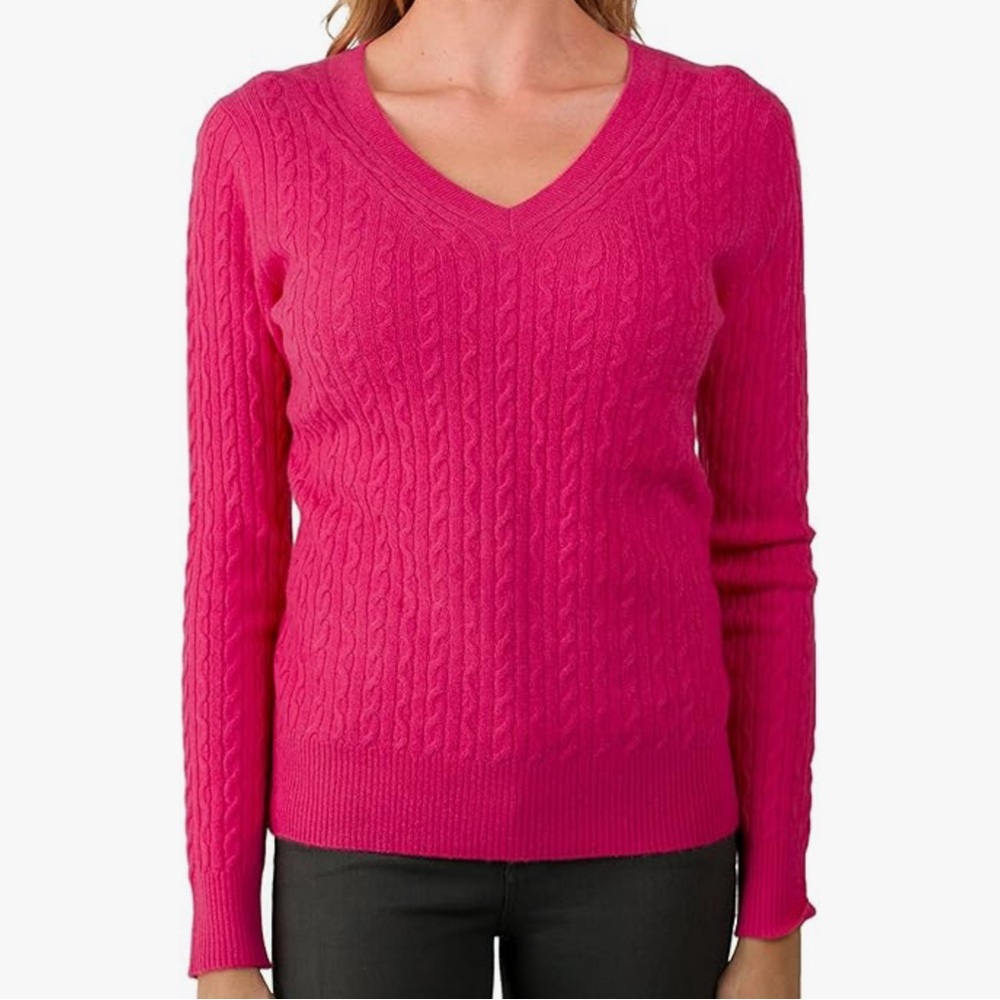 Kier + J Cableknit V-Neck Slim Fit Cashmere Sweater | Hot Pink | Size XS